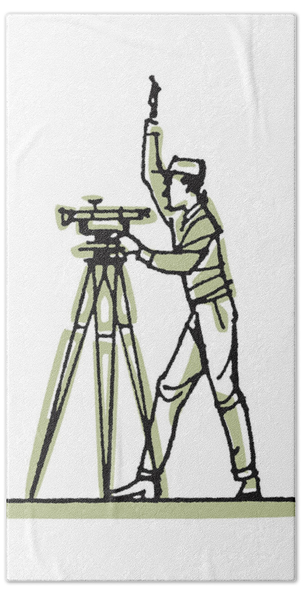 Adult Hand Towel featuring the drawing Man with Equipment on a Tripod #1 by CSA Images