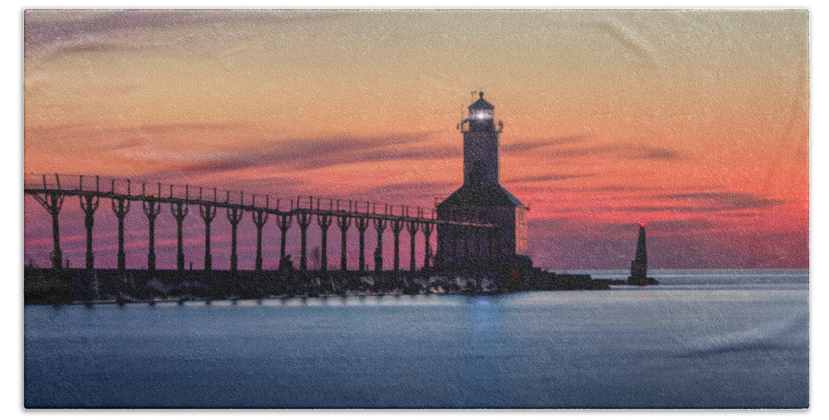 Architecture Bath Towel featuring the photograph Michigan City East Pierhead Lighthouse After Sunset #1 by Andy Konieczny