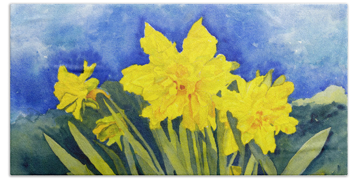 Daffodils Bath Towel featuring the painting Naturalized Daffodils on the farm #2 by Conni Schaftenaar