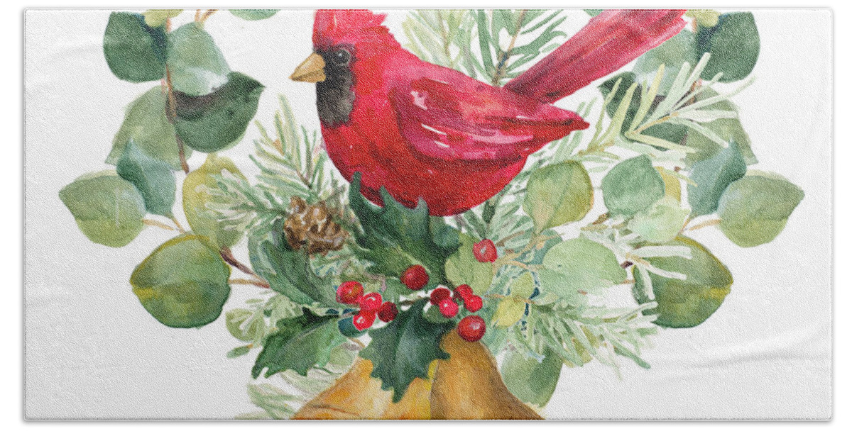 Northern Hand Towel featuring the painting Northern Cardinal On Holiday Bells #1 by Lanie Loreth