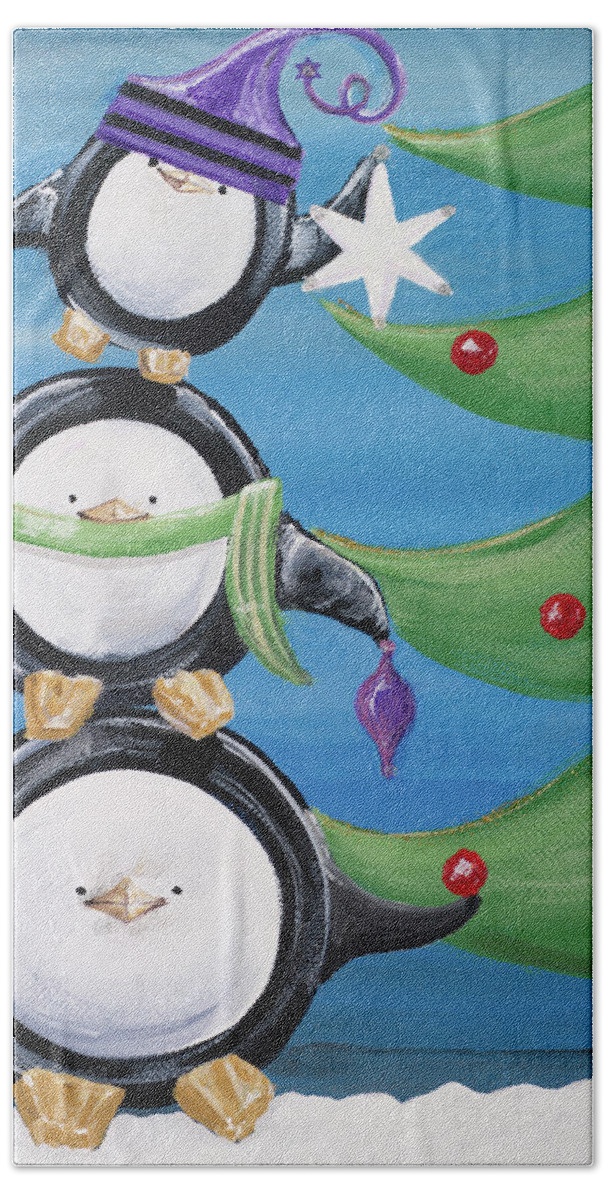 Penguins Hand Towel featuring the painting Paddison and Friends Iv #1 by Gina Ritter