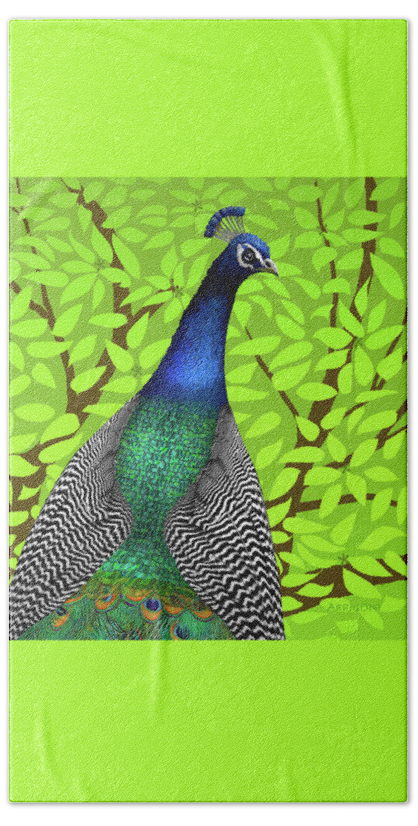 Peacock In Tree Hand Towel featuring the painting Peacock in Tree, Lime Green, Square by David Arrigoni