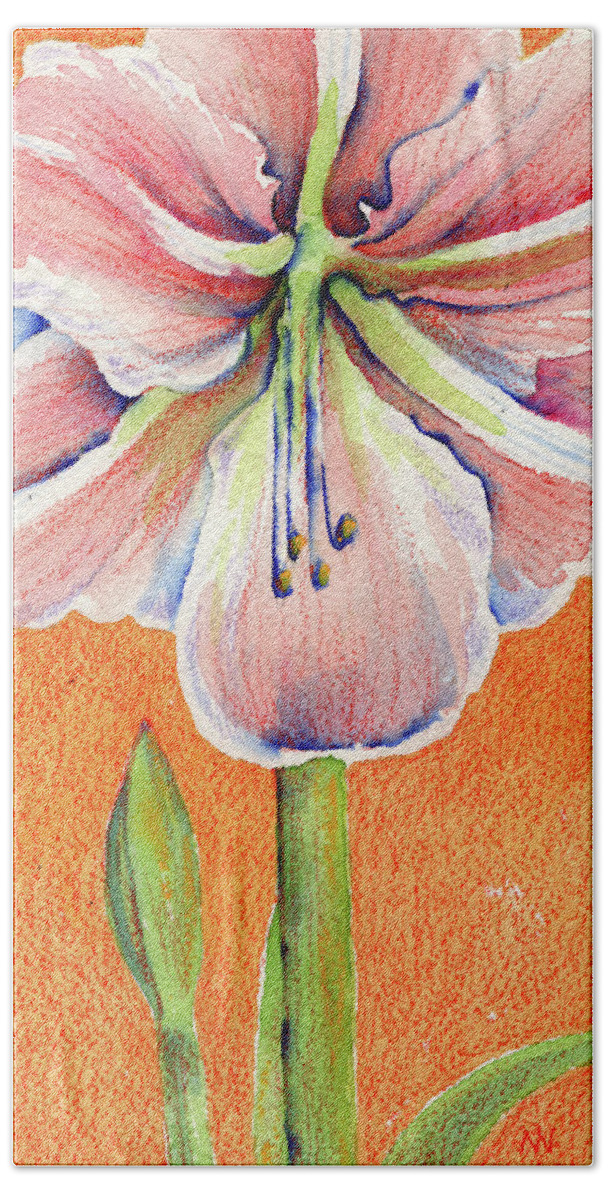 Amaryllis Bath Towel featuring the painting Pink Amaryllis by AnneMarie Welsh