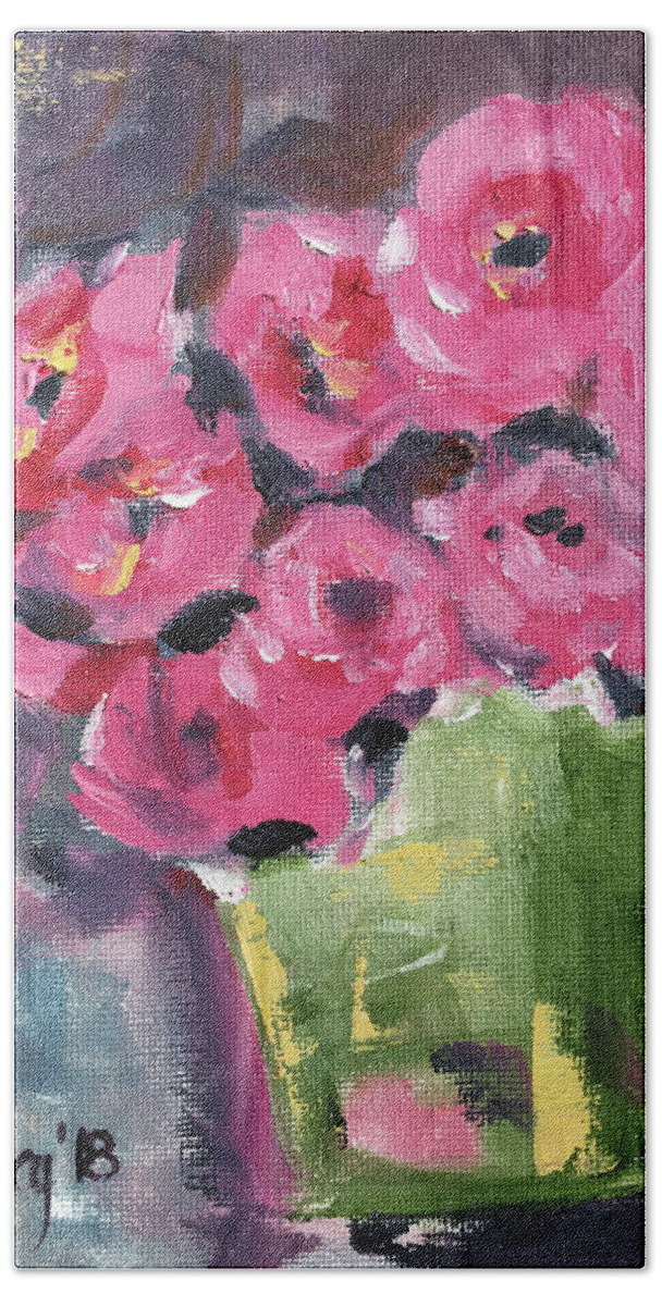 Roses Bath Towel featuring the painting Pink Roses in a Green Bucket by Roxy Rich