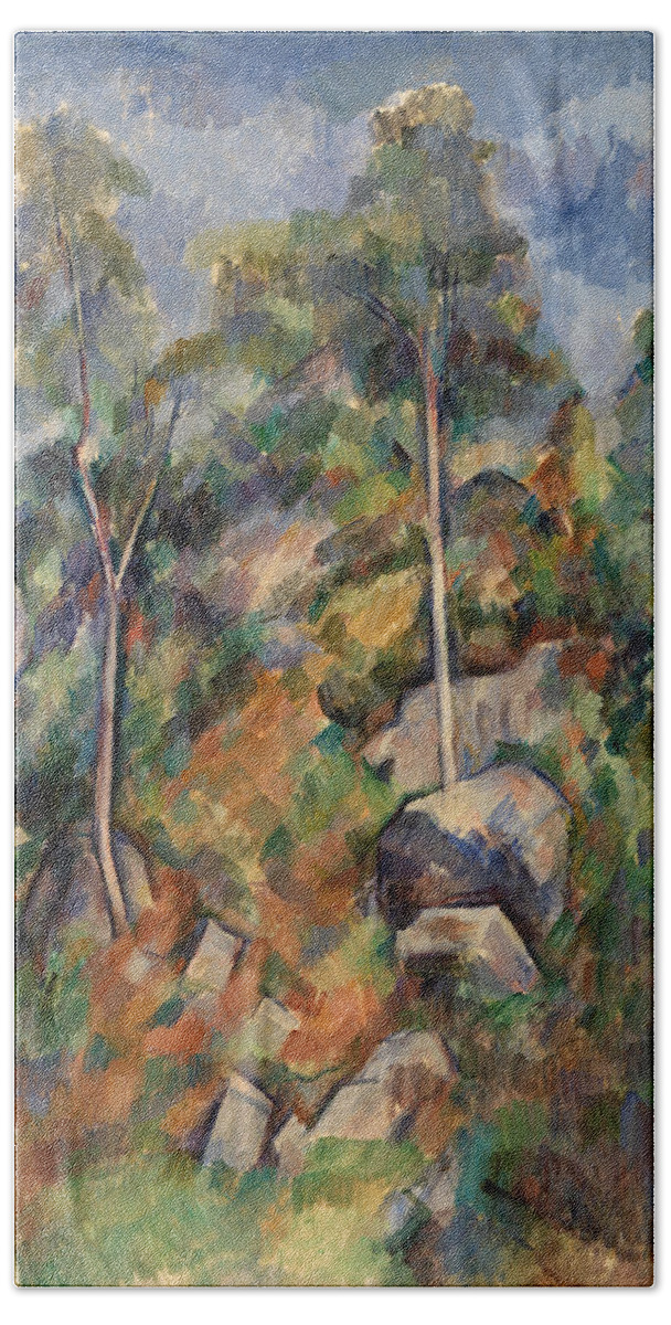 Paul Cezanne Hand Towel featuring the painting Rocks and Trees #2 by Paul Cezanne