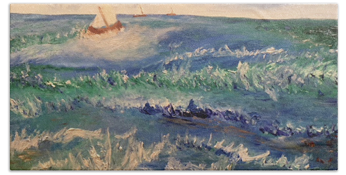 Rough Waters Bath Towel featuring the painting Rough Sailing on the Gulf of Mexico by Susan Grunin
