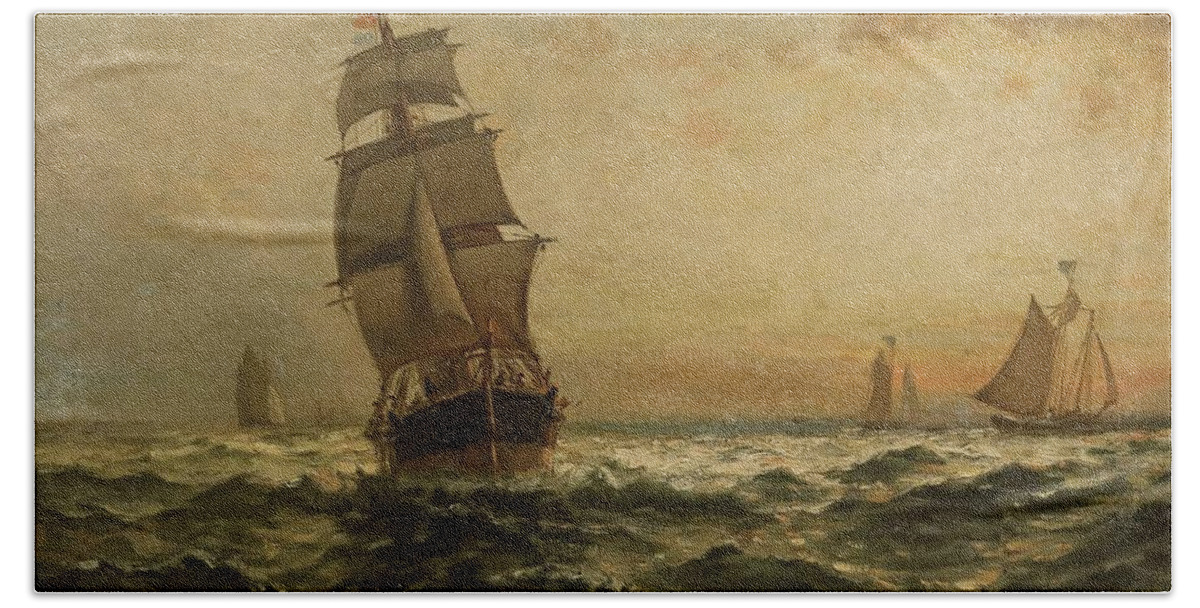 Edward Moran Hand Towel featuring the painting Sailing at Sunset #2 by Edward Moran