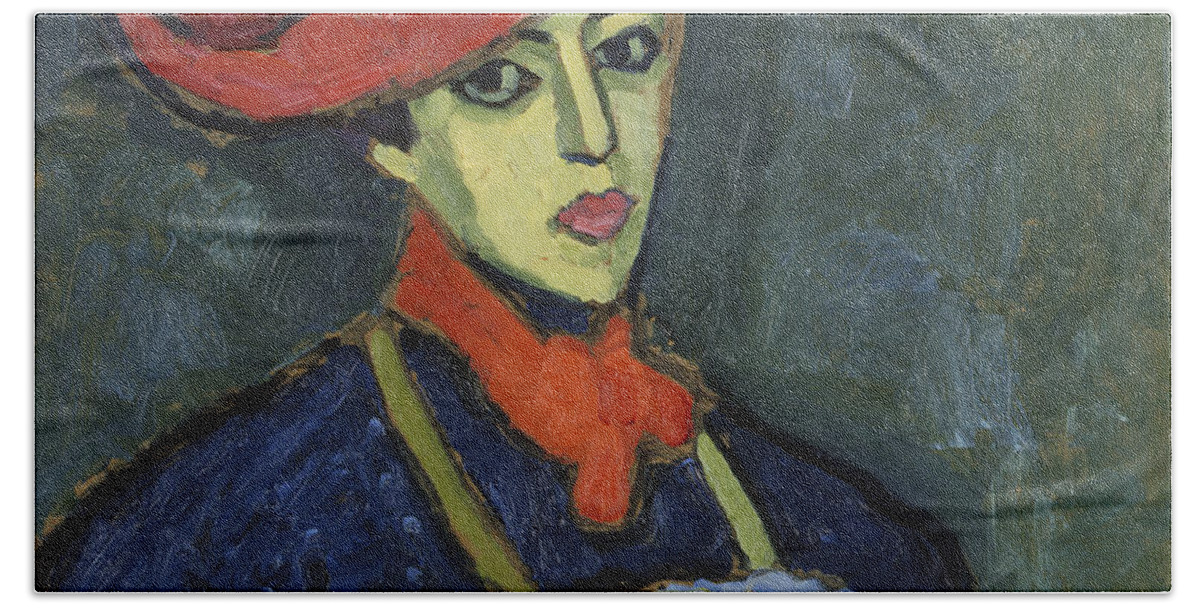 Schokko With Red Hat By Alexei Jawlensky Bath Towel featuring the painting Schokko with Red Hat #1 by Alexei Jawlensky