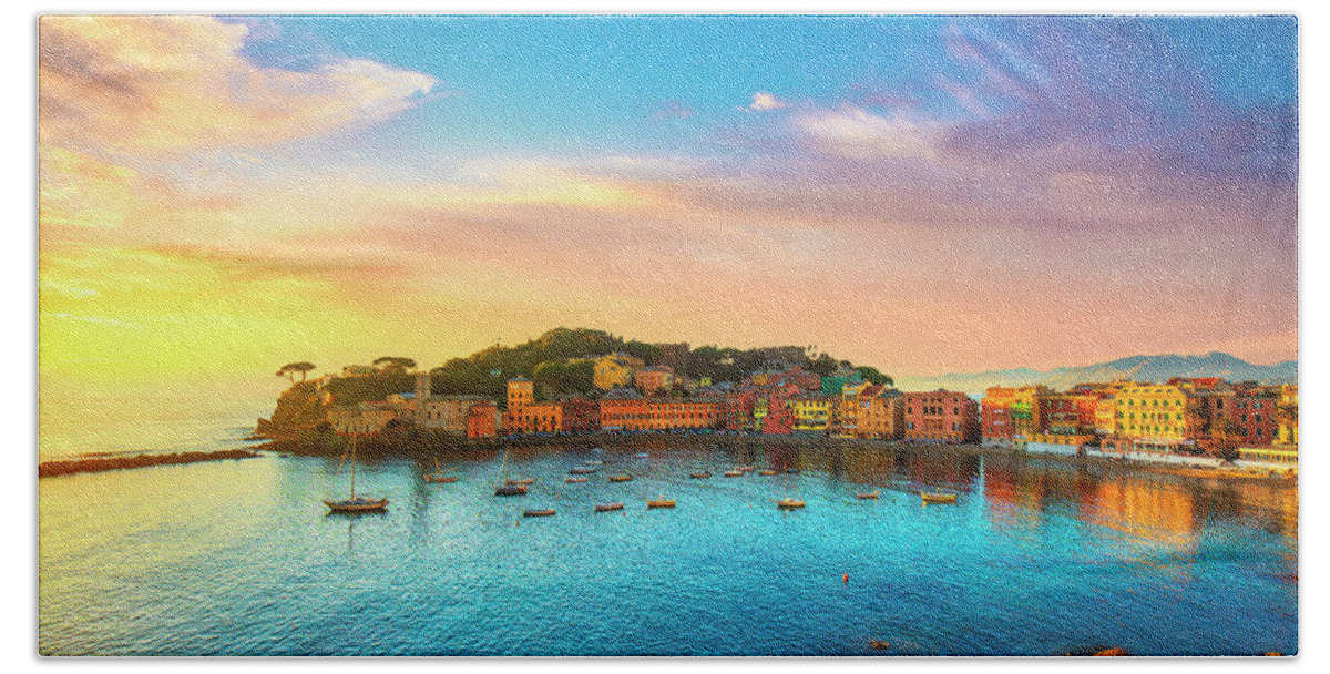 Sestri Bath Towel featuring the photograph Sestri Levante, silence bay sea harbor and beach view on sunset. #1 by Stefano Orazzini