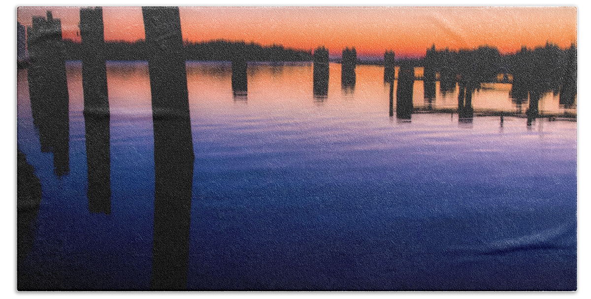 Pilings Bath Towel featuring the photograph Silver Lake Sunset 2010-10 23 #1 by Jim Dollar