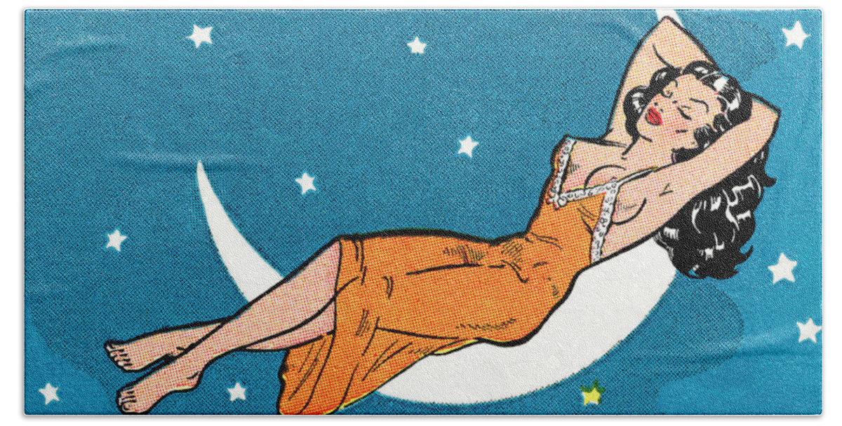 Adult Hand Towel featuring the drawing Sleeping woman on the moon #1 by CSA Images
