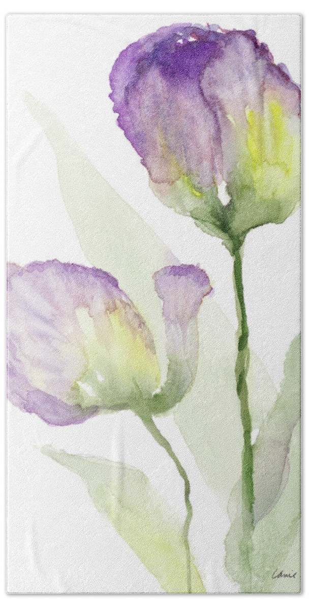 Teal Hand Towel featuring the painting Teal And Lavender Tulips II by Lanie Loreth