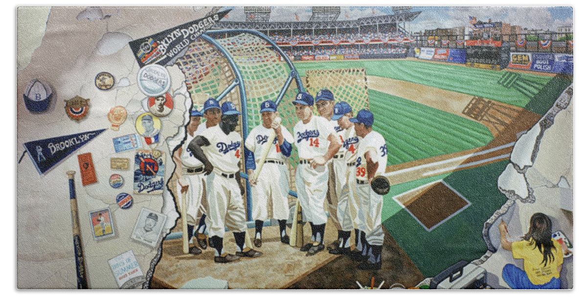 Baseball Bath Towel featuring the painting The Brooklyn Dodgers in Ebbets Field #1 by Bonnie Siracusa