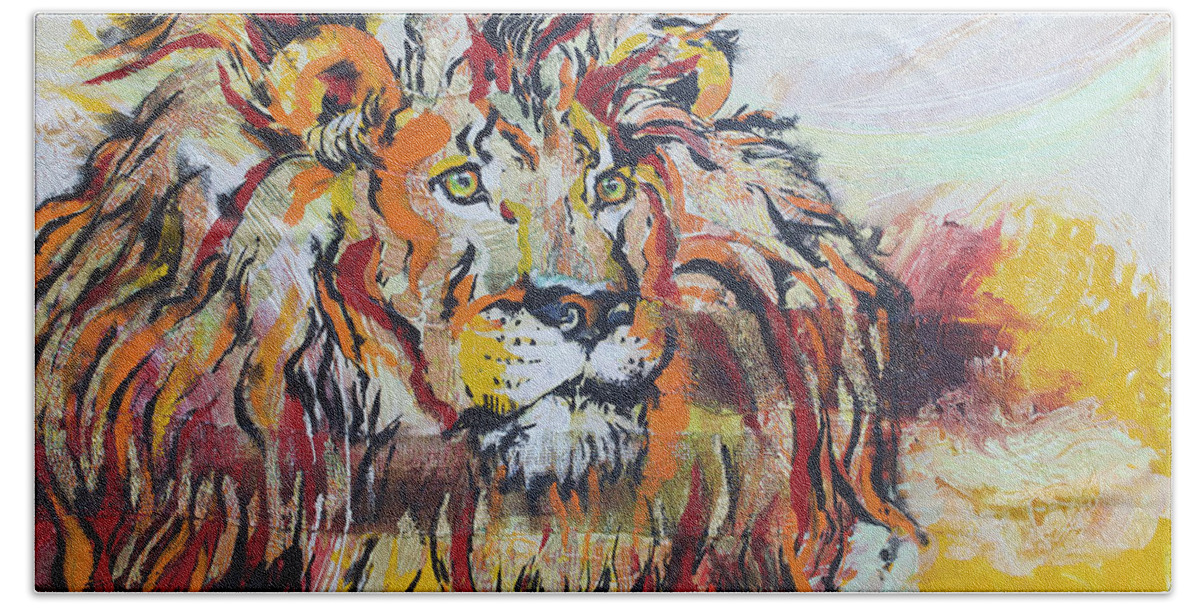 Lion Bath Towel featuring the painting The King by Jyotika Shroff