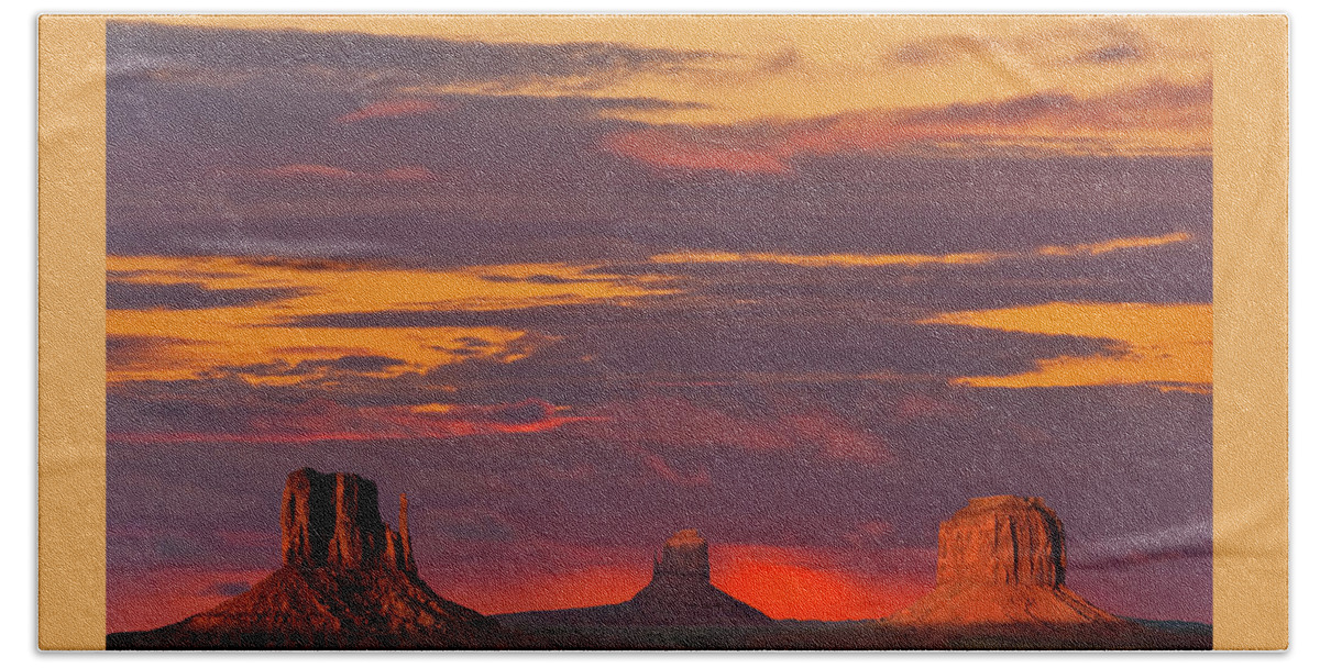 Arid Climate Hand Towel featuring the photograph The Mittens and Merrick Butte at Sunset #1 by Jeff Goulden