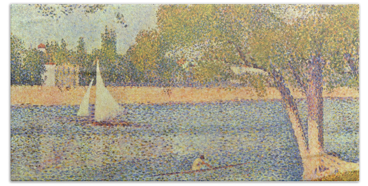 Pointillism Bath Towel featuring the painting The Seine by the Island of Jatte in Spring #1 by George Seurat