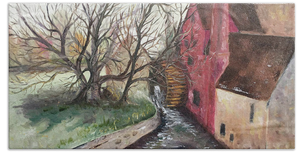 Castle Combe Bath Towel featuring the painting The Water Wheel by Roxy Rich
