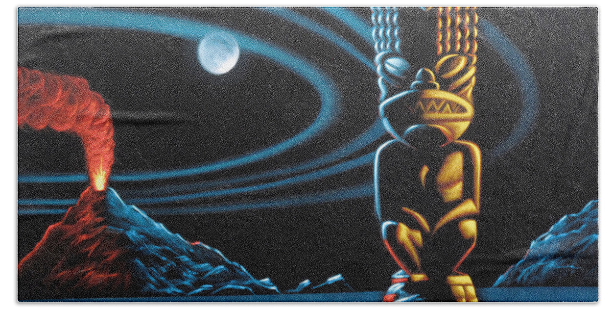 Tiki Totem Hand Towel featuring the painting Tiki totem native tribal Volcano with moon Sleeping Sentinel after Robb Hamel #R55 #1 by Arturo Ramirez