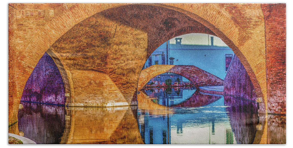 Emilia Bath Towel featuring the photograph Trepponti bridge in Comacchio, the little Venice #1 by Vivida Photo PC