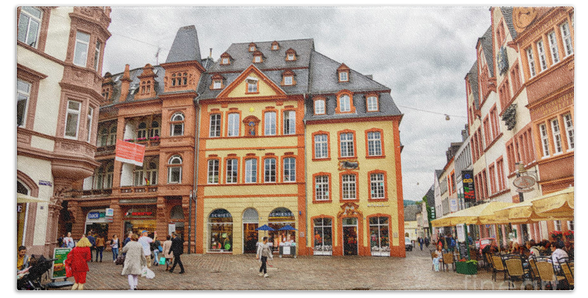 Architecture Bath Towel featuring the photograph Trier, Germany, people by Market day #1 by Ariadna De Raadt