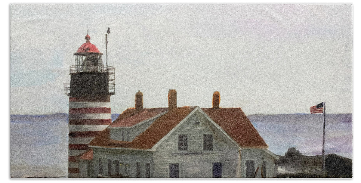 America Bath Towel featuring the painting West Quoddy Head Lighthouse #1 by Donna Walsh