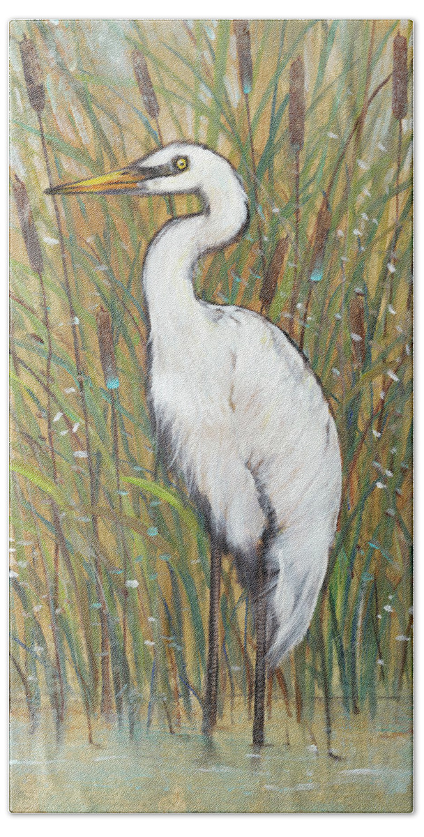 Coastal Hand Towel featuring the painting White Egret I #1 by Tim Otoole