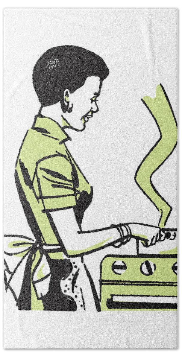 Adult Hand Towel featuring the drawing Woman Cooking on Stove Top #1 by CSA Images