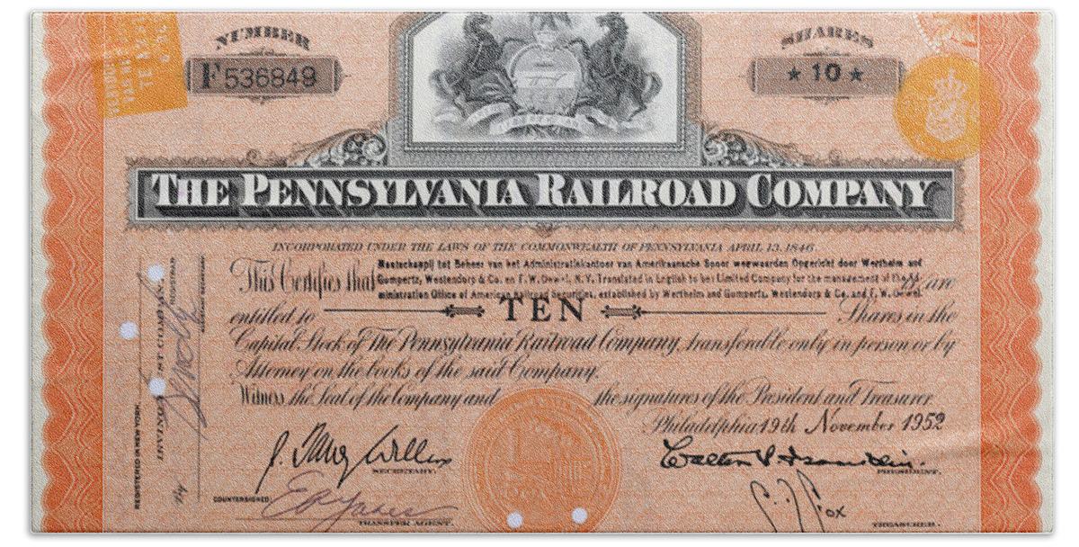 Prr Bath Towel featuring the photograph 10 Shares of Pennsylvania Railroad Stock - Large by Paul W Faust - Impressions of Light