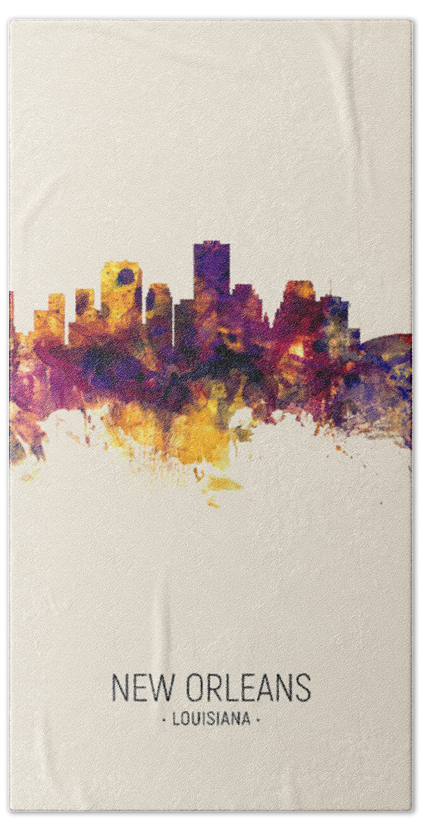 New Orleans Hand Towel featuring the digital art New Orleans Louisiana Skyline #11 by Michael Tompsett