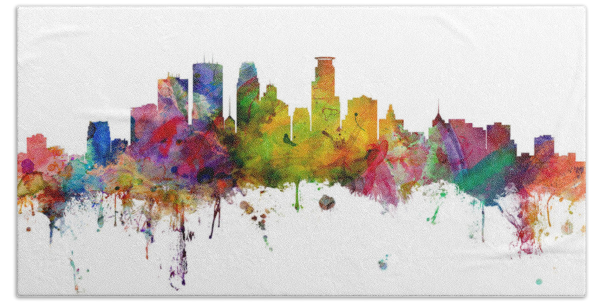 Minneapolis Hand Towel featuring the digital art Minneapolis Minnesota Skyline #12 by Michael Tompsett