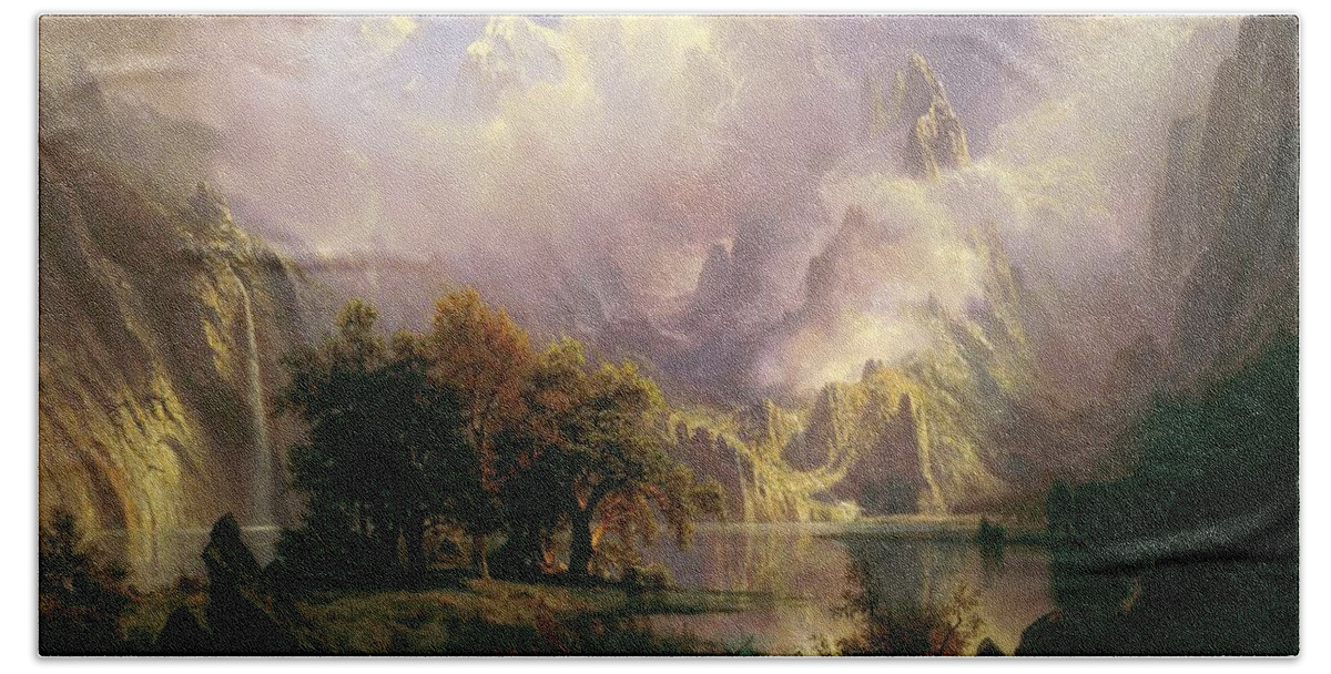 Albert Bath Towel featuring the painting Rocky Mountain Landscape by Albert Bierstadt