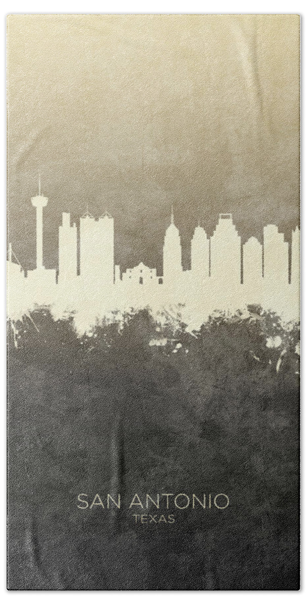 San Antonio Bath Towel featuring the digital art San Antonio Texas Skyline #13 by Michael Tompsett