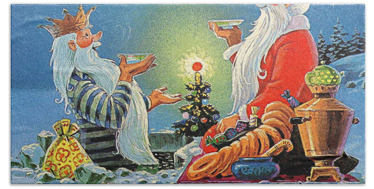 King Hand Towel featuring the digital art Vintage Soviet Holiday Postcard #14 by Long Shot