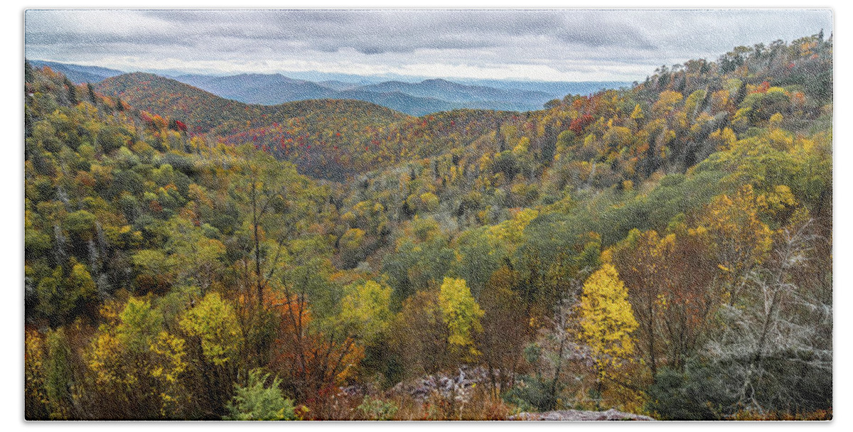 Mountain Bath Towel featuring the photograph Graveyard fields overlook in the smoky mountains in north caroli #16 by Alex Grichenko