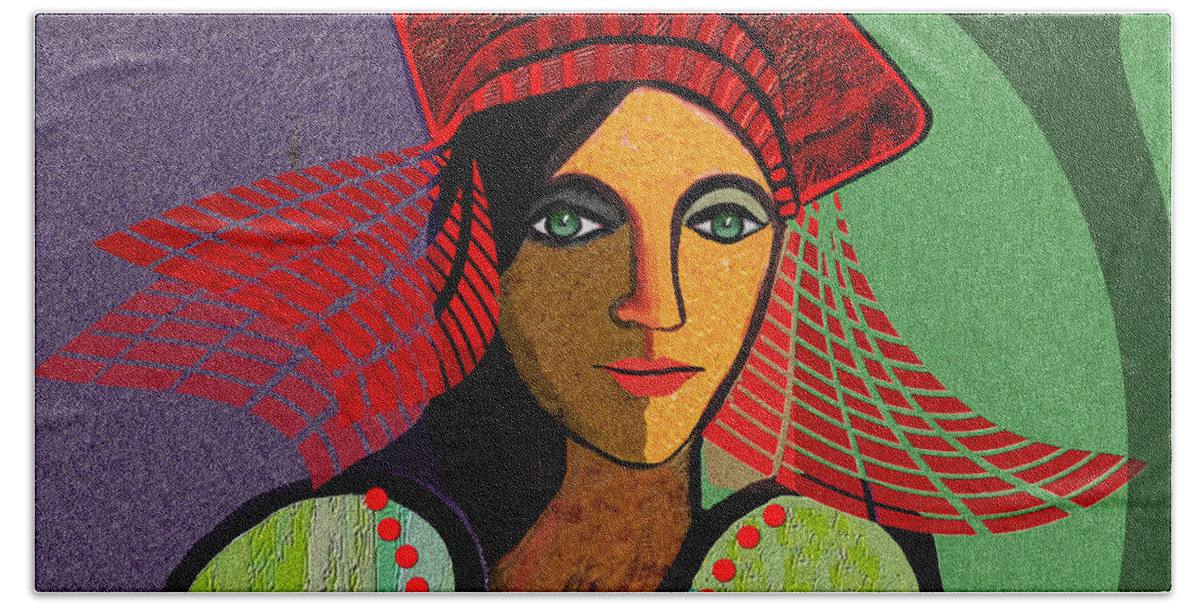 1700 Bath Towel featuring the digital art 1700 young girl with fancy red hat 2017 V by Irmgard Schoendorf Welch