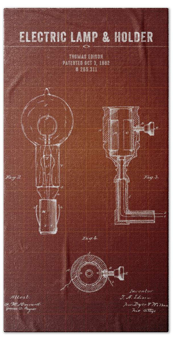 Thomas Edison Hand Towel featuring the photograph 1882 Thomas Edison Electric Lamp And Holder - Dark Red Blueprint by Aged Pixel