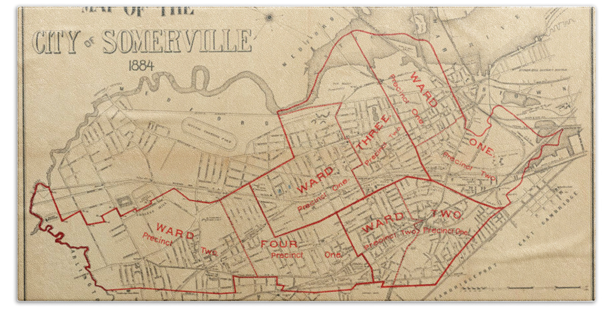 Somerville Bath Towel featuring the digital art 1884 City of Somerville MA Ward Map by Toby McGuire