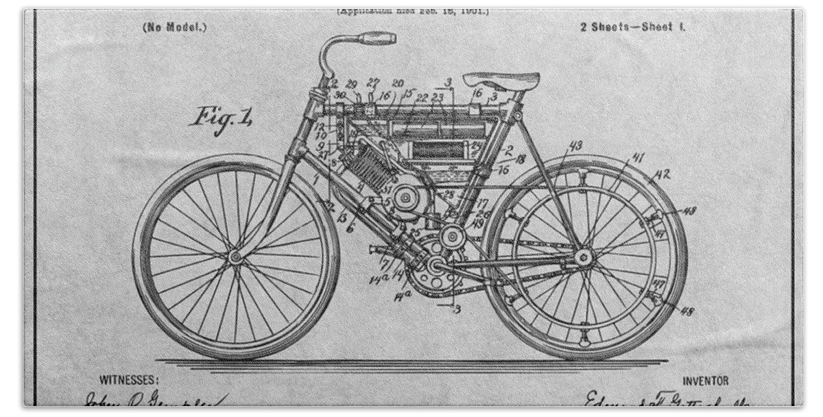 1901 Stratton Motorcycle Patent Print Bath Towel featuring the drawing 1901 Stratton Motorcycle Gray Patent Print by Greg Edwards