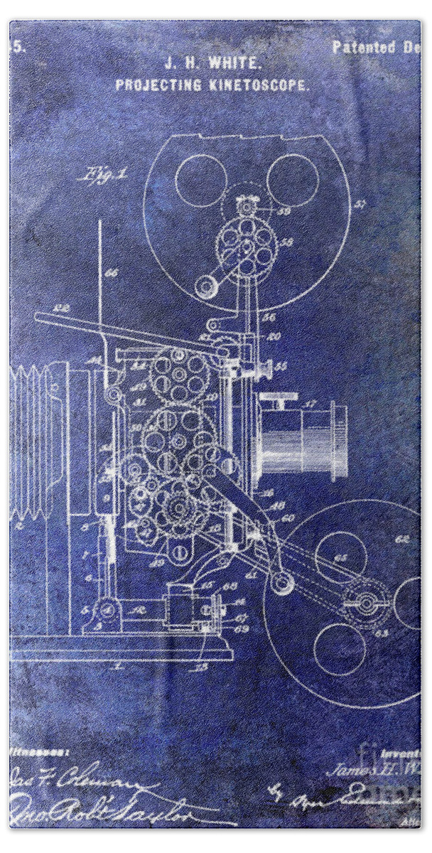 1940 Bath Towel featuring the photograph 1902 Movie Projecting Patent Blue by Jon Neidert