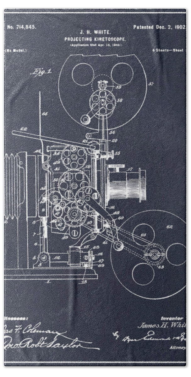 1902 Projecting Kinetoscope Patent Print Bath Towel featuring the drawing 1902 Projecting Kinetoscope Blackboard Patent Print by Greg Edwards