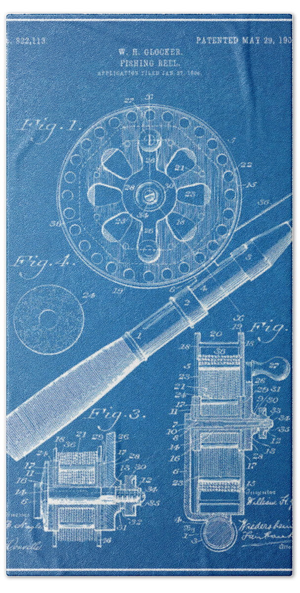 1906 Fly Fishing Reel Patent Print Bath Towel featuring the drawing 1906 Fly Fishing Reel Blueprint Patent Print by Greg Edwards
