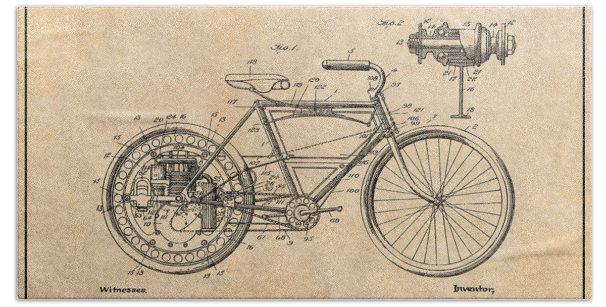 1908 Motor Wheel Motorcycle Patent Print Bath Towel featuring the drawing 1908 Motor Wheel Motorcycle Patent Print Antique Paper by Greg Edwards