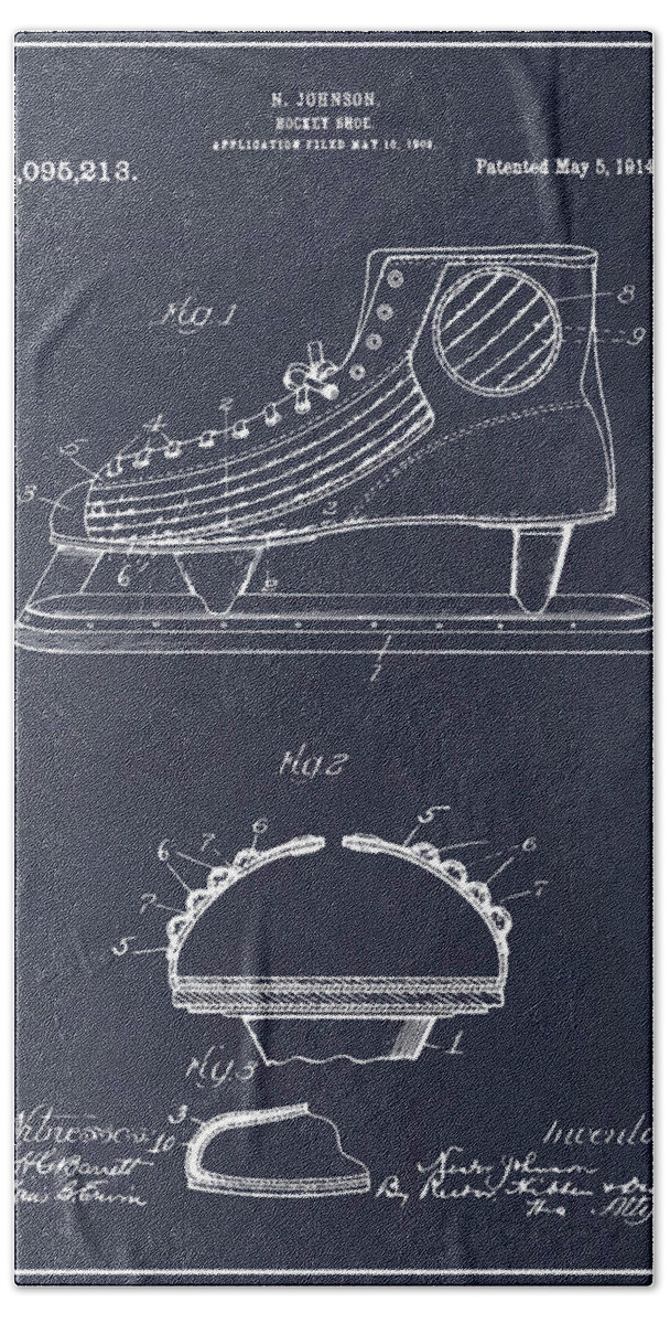 1909 Hockey Skate Patent Print Hand Towel featuring the drawing 1909 Hockey Skate Blackboard Patent Print by Greg Edwards