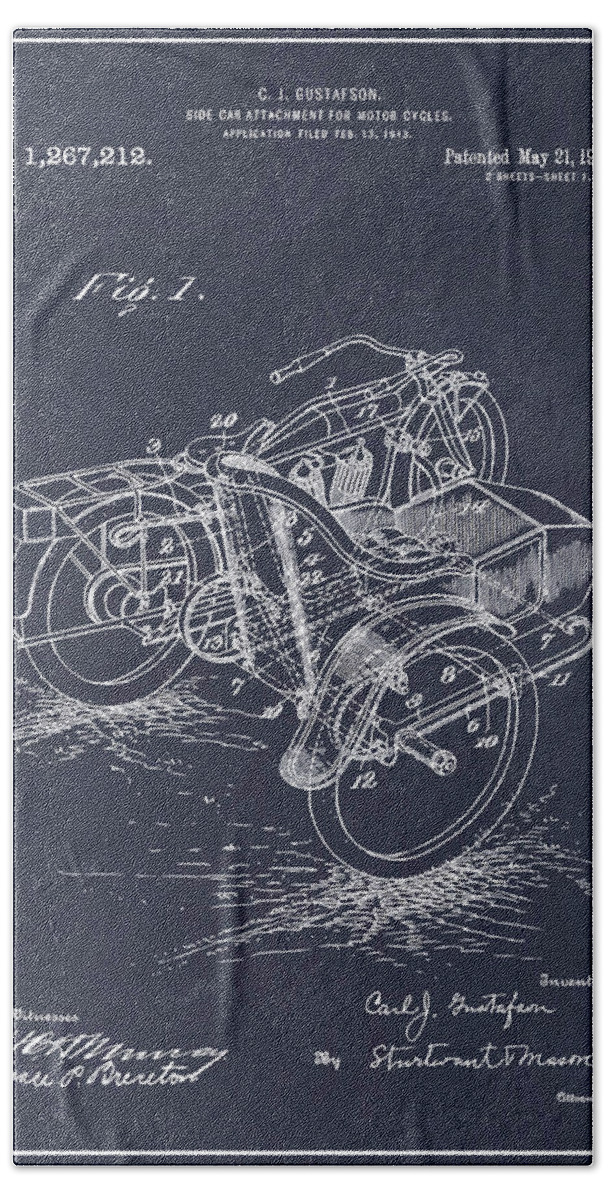 1913 Side Car Attachment For Motorcycle Patent Print Hand Towel featuring the drawing 1913 Side Car Attachment for Motorcycle Blackboard Patent Print by Greg Edwards