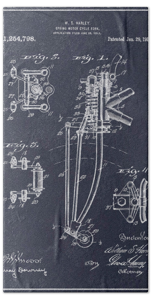 Harley Davidson Hand Towel featuring the drawing 1917 Harley Davidson Springer Front Fork Patent Print Blackboard by Greg Edwards