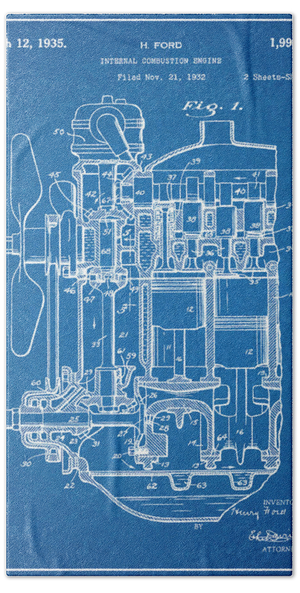 Henry Ford Hand Towel featuring the drawing 1932 Henry Ford Engine Patent Print Blueprint by Greg Edwards