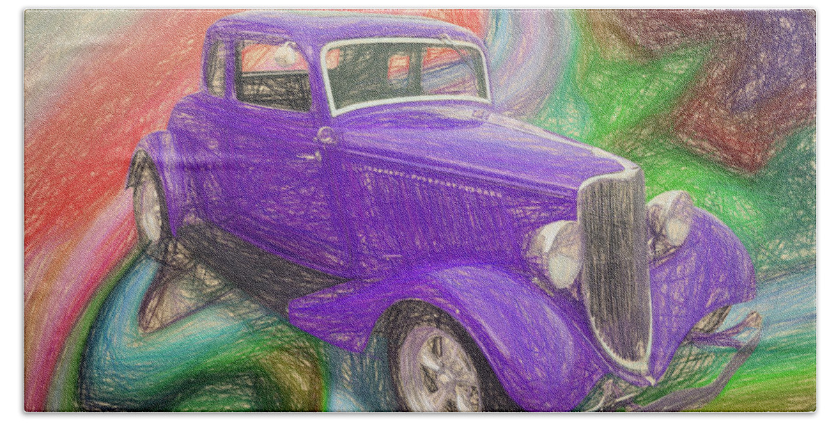34 Ford Purple Bath Towel featuring the digital art 1934 Ford Colored Pencil by Rick Wicker