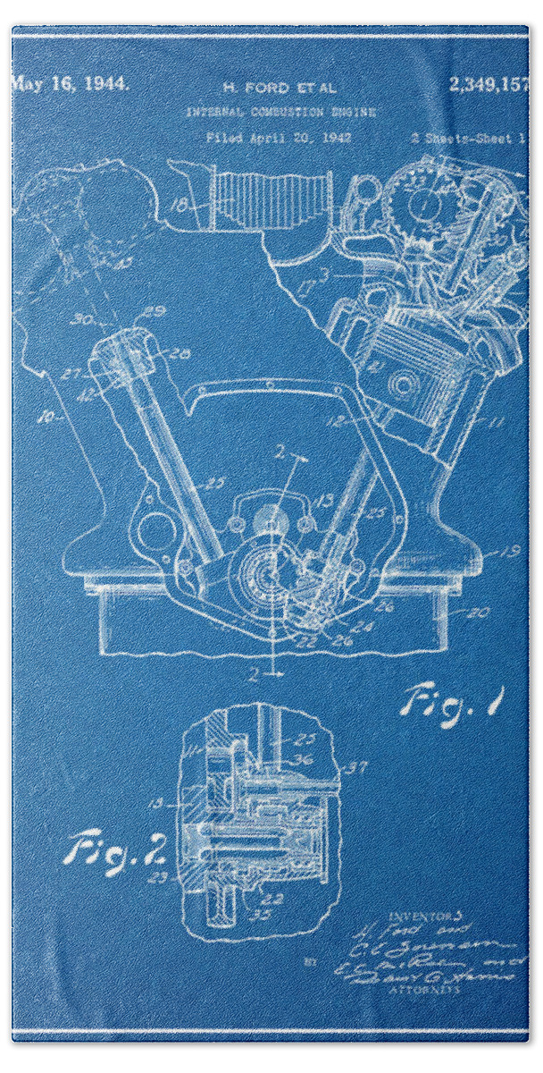 Henry Ford Bath Towel featuring the drawing 1942 Henry Ford Internal Combustion Engine Patent Print Blueprint by Greg Edwards