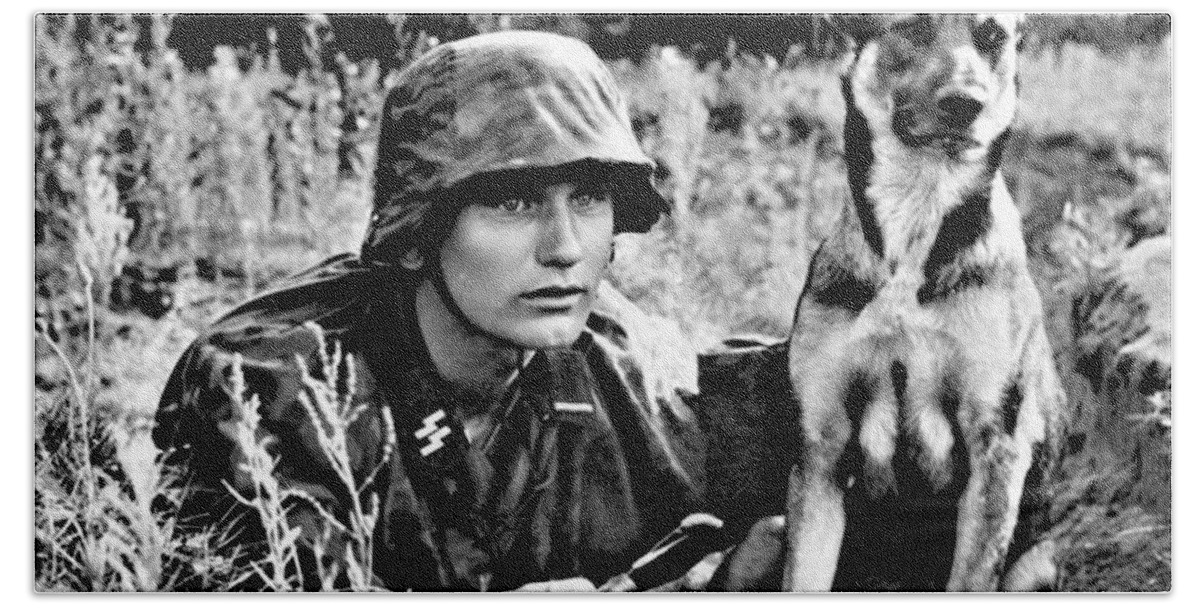 Hunters Bath Towel featuring the painting 1943 German Sniper and Dog PHOTO Wehrmacht Waffen ss World War 2 Soldier Germany by Celestial Images
