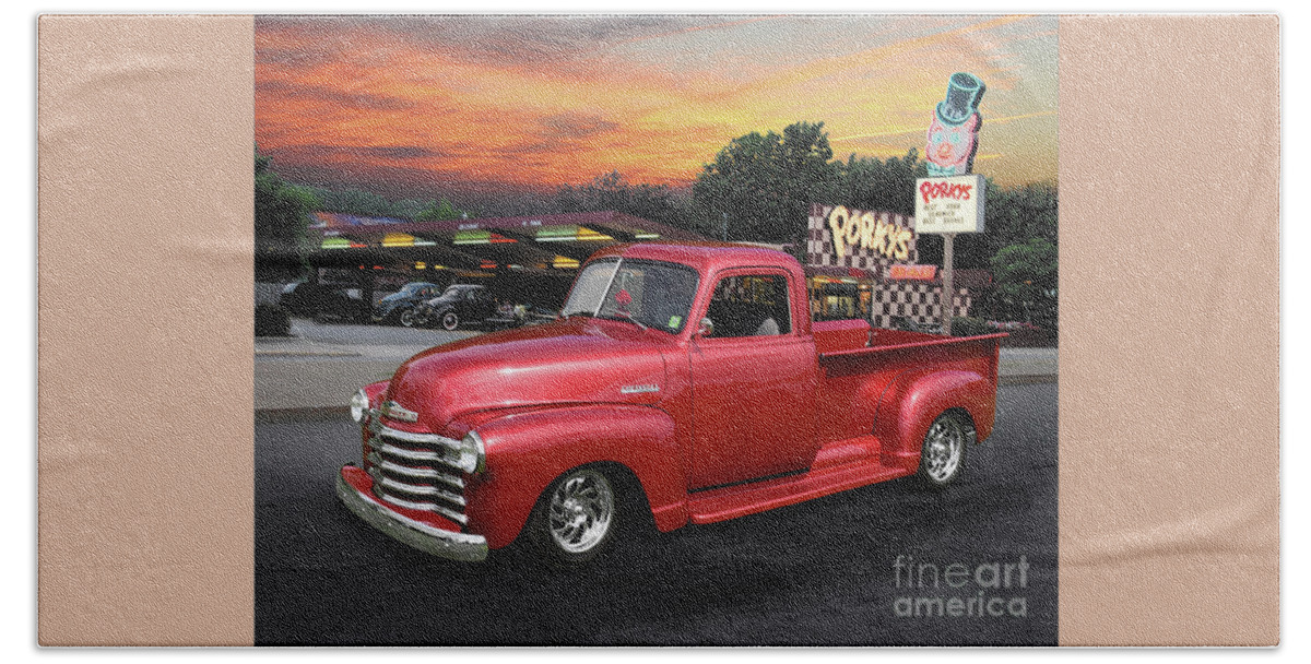 1949 Bath Towel featuring the photograph 1949 Chevy Pickup at Porky's Drive-In by Ron Long